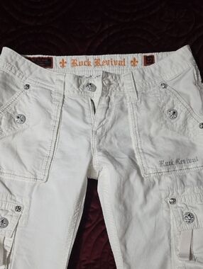 Rock Revival White Corduroy Cargo Capris with Fleur-de-Lis Buttons